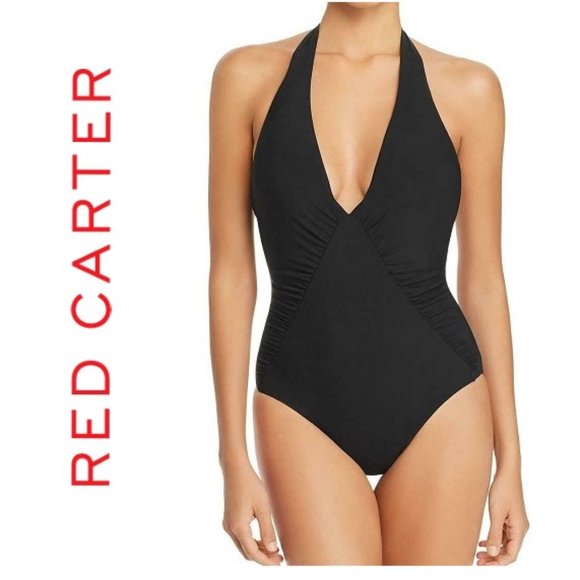 RED CARTER S plunging halter one-piece swimsuit ocean lattice work maillot main image 1